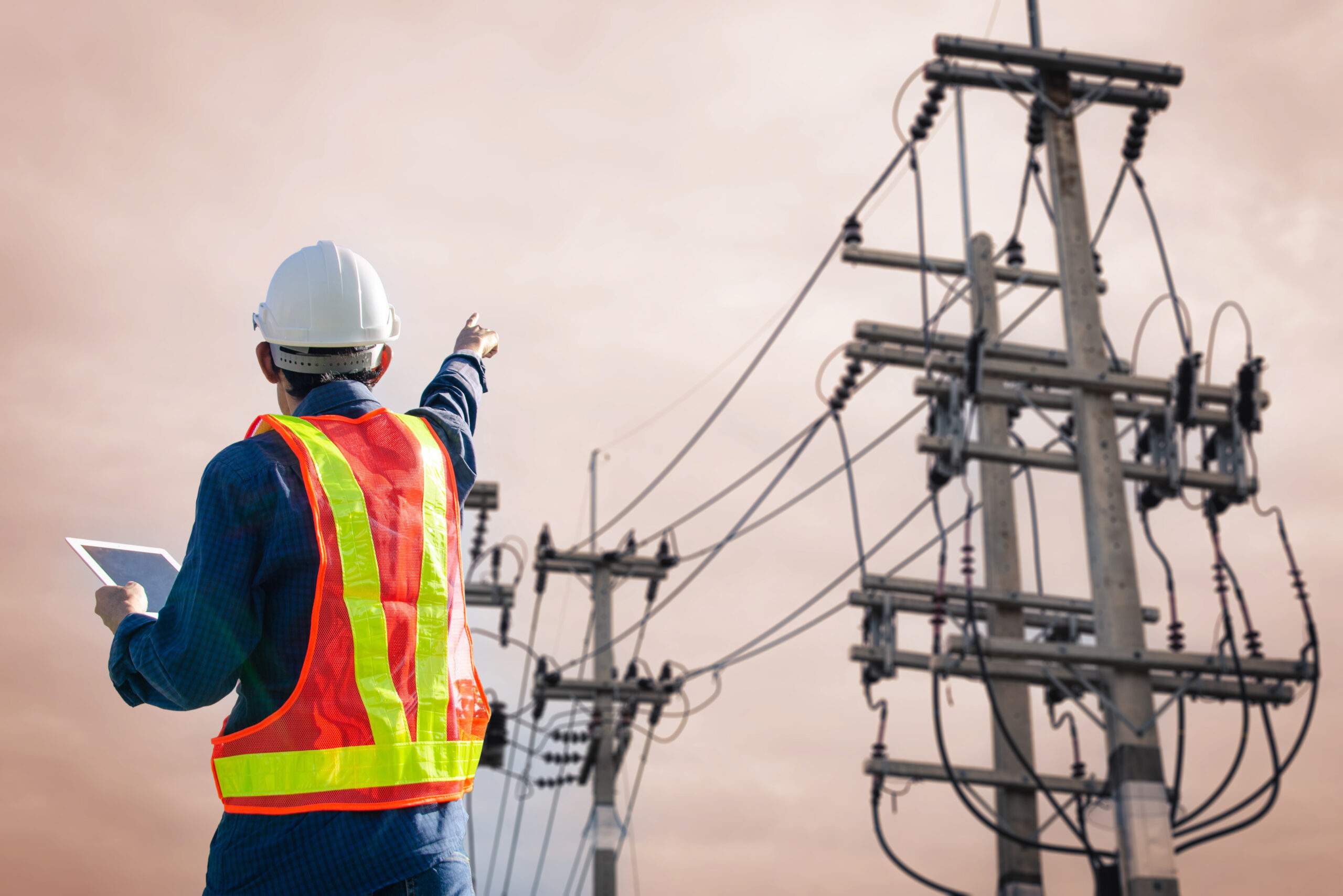 Electrician points to a high-voltage pole with a tablet in his hand.